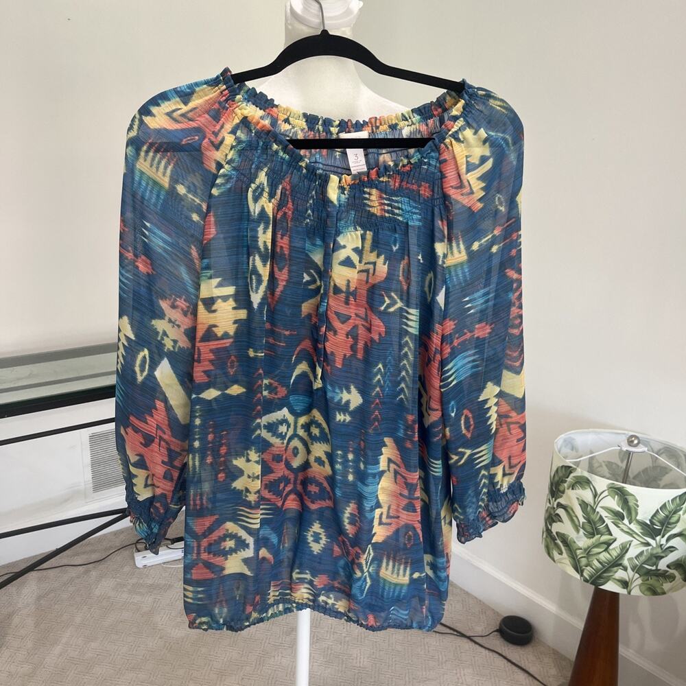 Chico's XL Chiffon Peasant Blouse Aztec Tribal Snap Front Semi Sheer Travel Sz 3